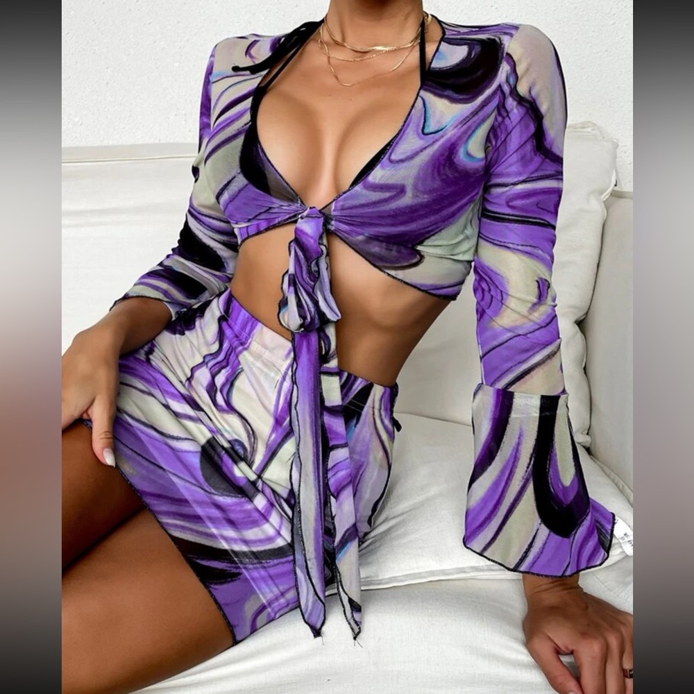 Purple Marble Print Bell Sleeve and Mini Skirt Set